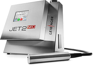 Leibinger JET 2 neo Continuous InkJet-Drucker mit Edelstahlgehäuse und angeschlossenem Druckkopf