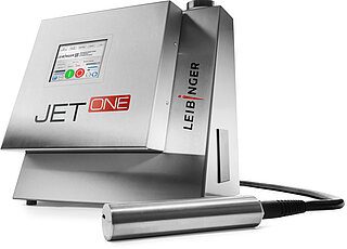 Leibinger JET One Inkjet-Drucker mit angeschlossenem Druckkopf für industrielle Produktkennzeichnung