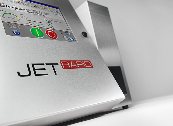 Leibinger JET RAPID Continuous Inkjet-Drucker mit Farb-Touchdisplay und Bedienelementen für Hochgeschwindigkeitskennzeichnung